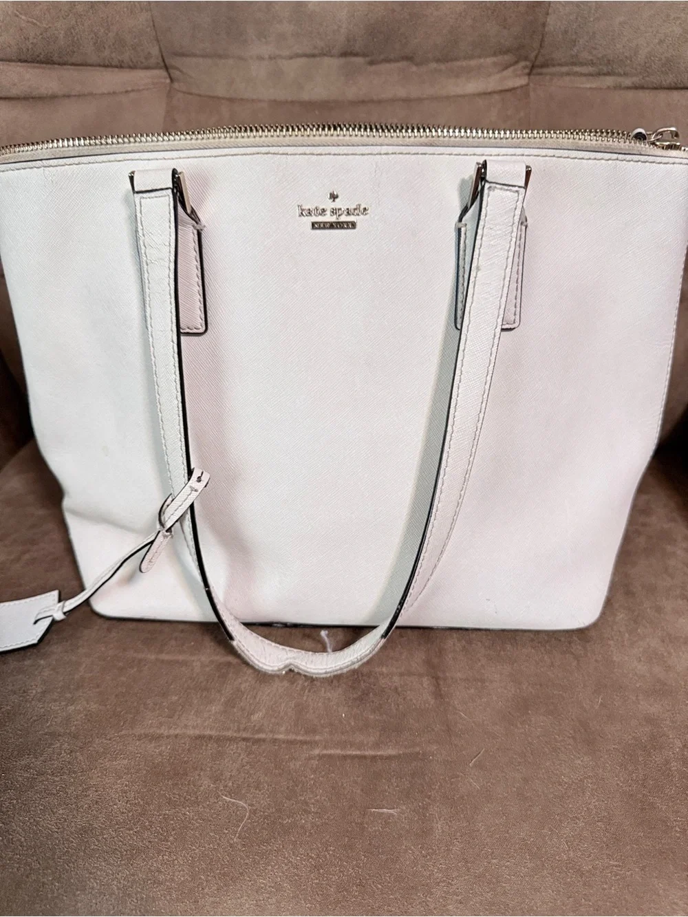 kate spade White Leather Tote with Gold Logo Hardware
